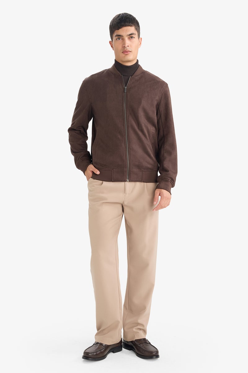 DeFacto Brown Man Slim Fit Lined Suede Lined Bomber Jacket Casual - Image 2